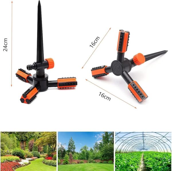 Home Decoration Garden Sprinkler 360°Automatic Rotating Adjustable Lawn Sprinklers with Durable 3 Arm Spray Easy Hose Connection Spike Base Gardening Watering System - Image 5