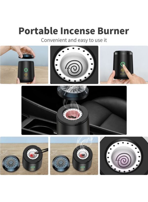 Portable Mini Incense Burner Bakhoor, USB Rechargeable Aroma Diffuser Car Electric Incense Burner for Car and Home Decoration (Black) - Image 2